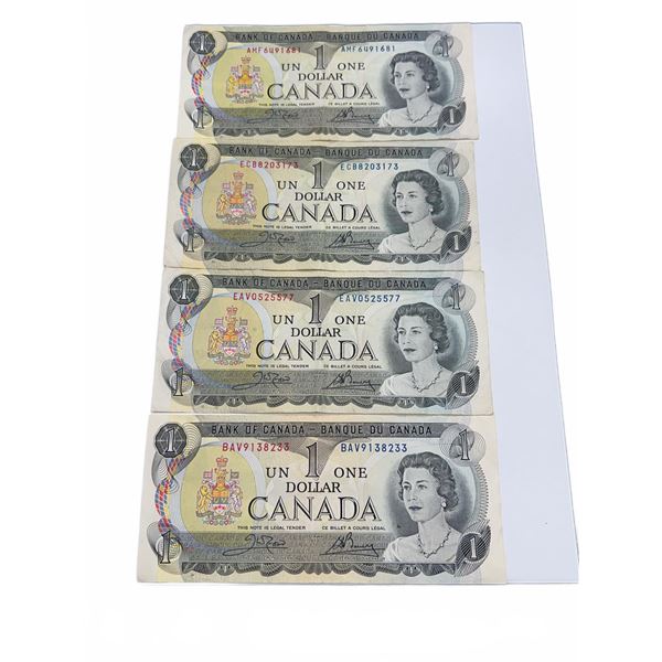 Lot of 4 Canadian $1 Banknotes 1954 Vintage Bills