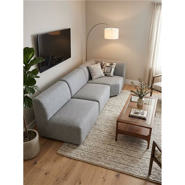 Grey Fabric Sectional Sofa With 2 Patterned Pillows