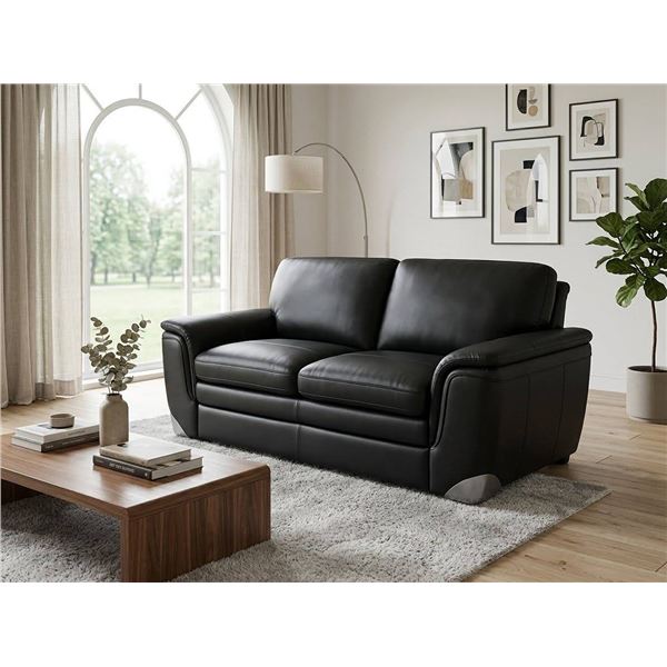 Black Real Natural Leather Loveseat Sofa