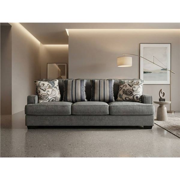 Grey Fabric Sofa With 4 Patterned Accent Pillows