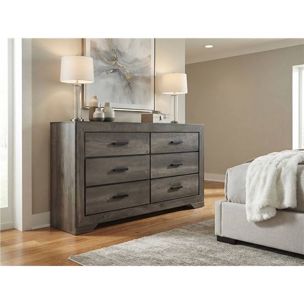 Grey Dresser With Six Drawers And Framed Mirror