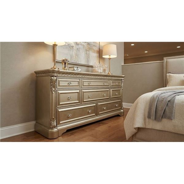 Gold-Tone Wood Dresser with Crystal Knobs