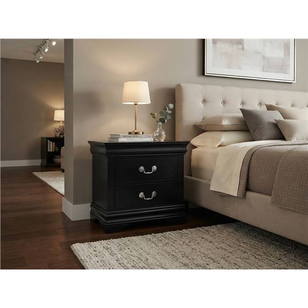 Black Wood Two-Drawer Nightstand Silver Handles