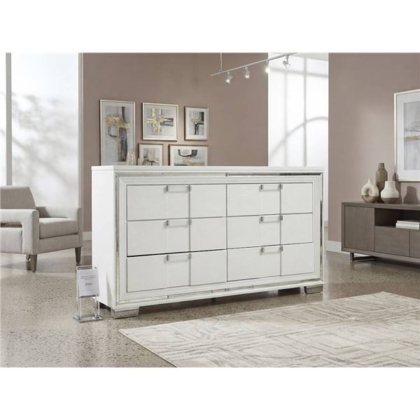 White Nine-Drawer Wood Dresser with Mirror Trim