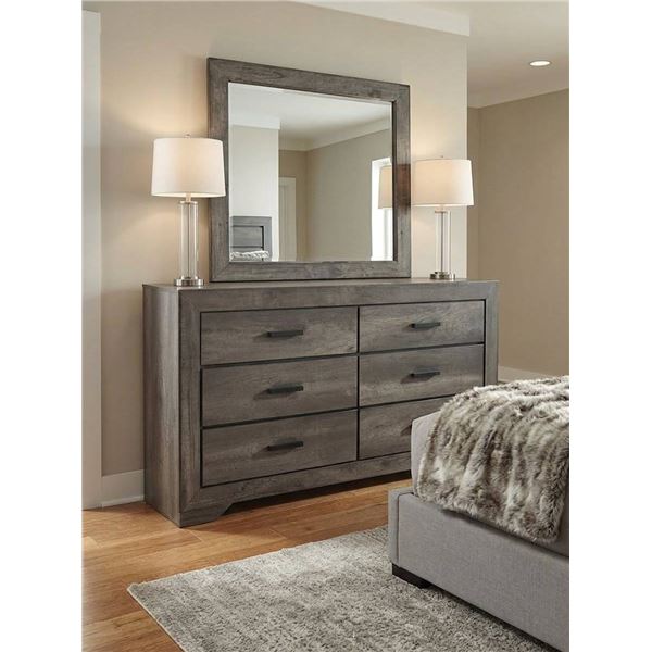 Six-Drawer Grey Wood Dresser with Black Pulls