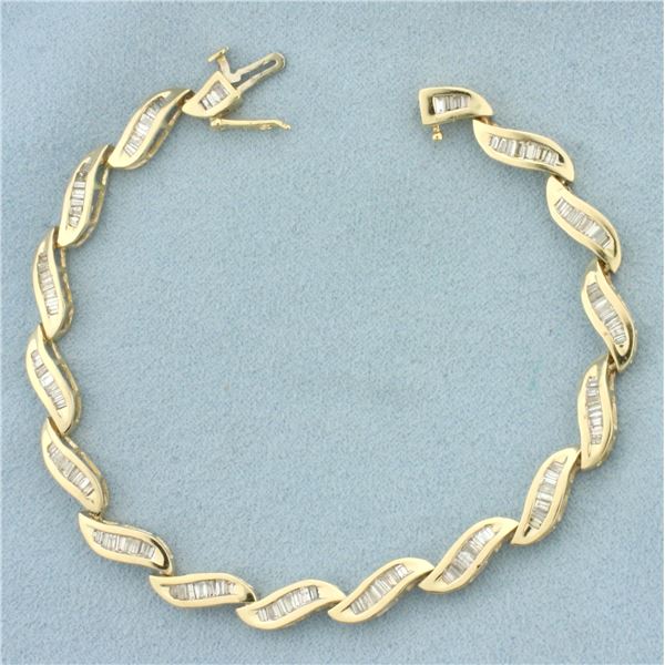 Baguette Diamond Wave Design Tennis Bracelet in 14k Yellow Gold