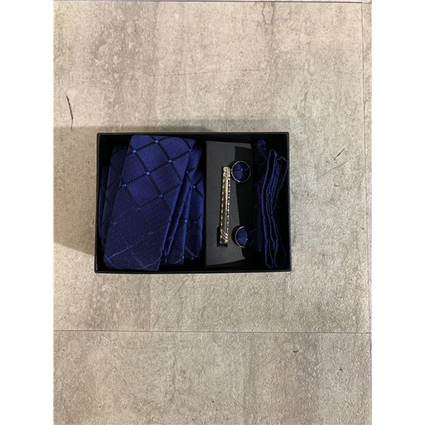 Dark Blue Tie With Cuff Links & Pocket Square