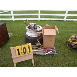 pallet w/barrel pumps/drill press/grease gun/misc