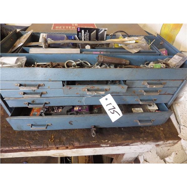 blue tool chest with assorted shop supplies