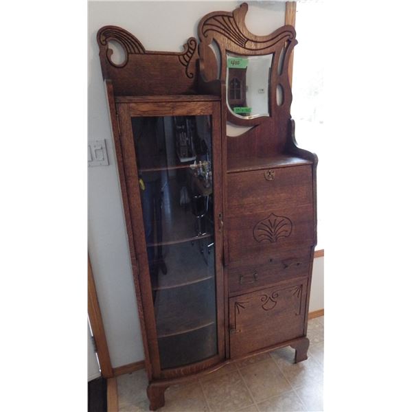 antique Victorian quarter sawn oak Side by side secretary desk and bookcase featuring a curved glass