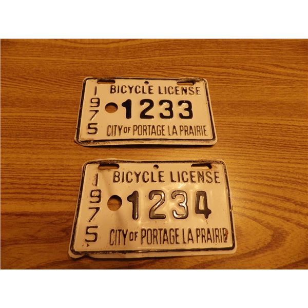 pair of sequentially numbered 1975 Bicycle License plates from City of Portage la Prairie