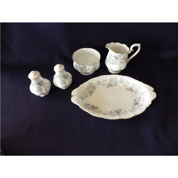 Royal Albert " Silver Maple " Bone China salt & pepper, cream & sugar, small tray