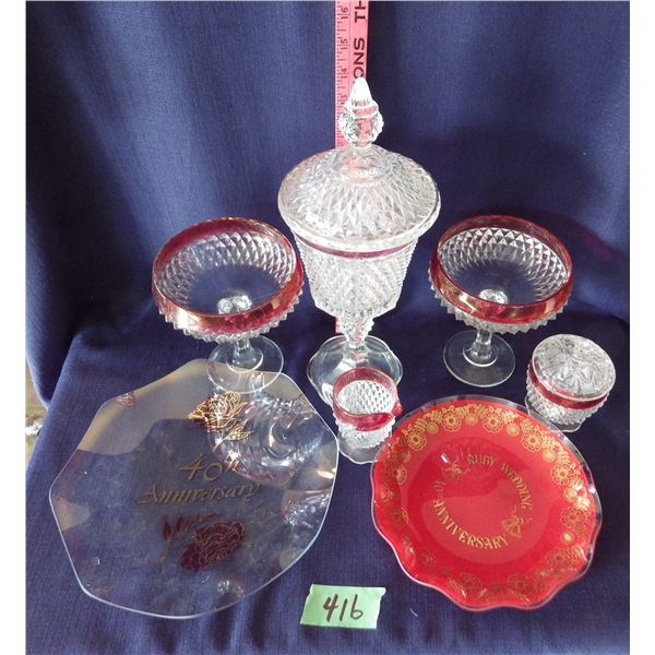Diamond point ruby flash glassware & 40th anniversary plates, bell, wine glasses, etc