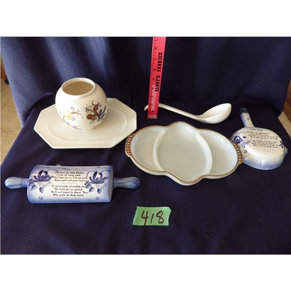 milk glass pickle dish & blue decorated items