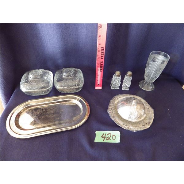 Iris Herring bone patern footed tumbler, electric plated trays, salt & pepper, etc