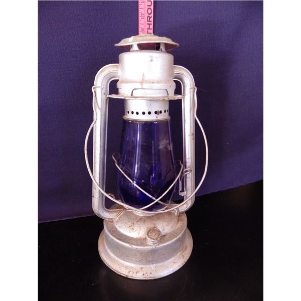 Vintage barn Lantern with blue Glass