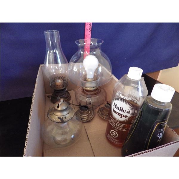 box of coal  oil  lamp parts and lamp oil - No shipping