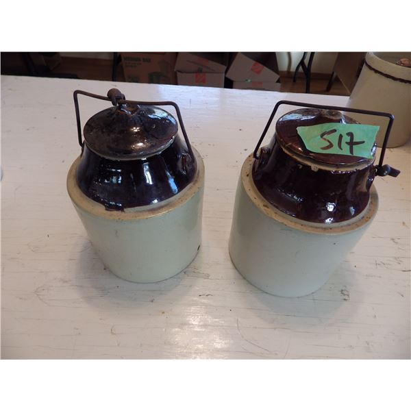 pair of stoneware canning crocks with lids