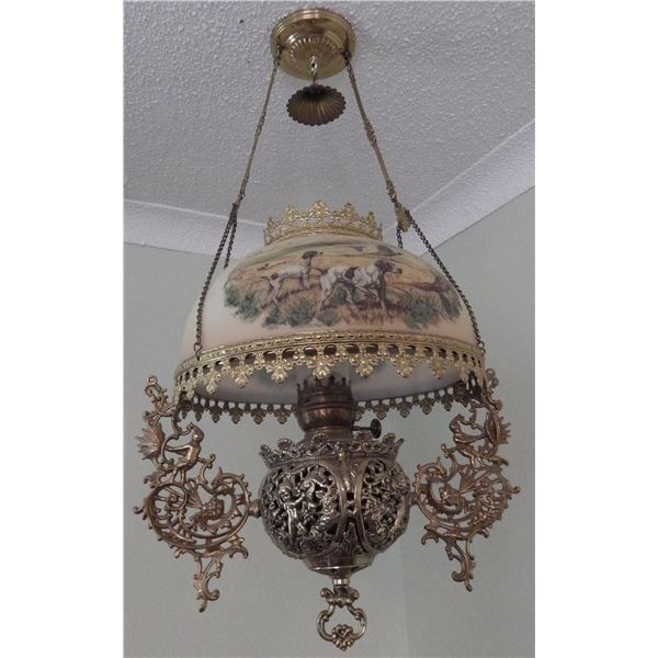 Success antique Victorian style hanging oil / kerosene lamp (often called a parlor hanging lamp) wit