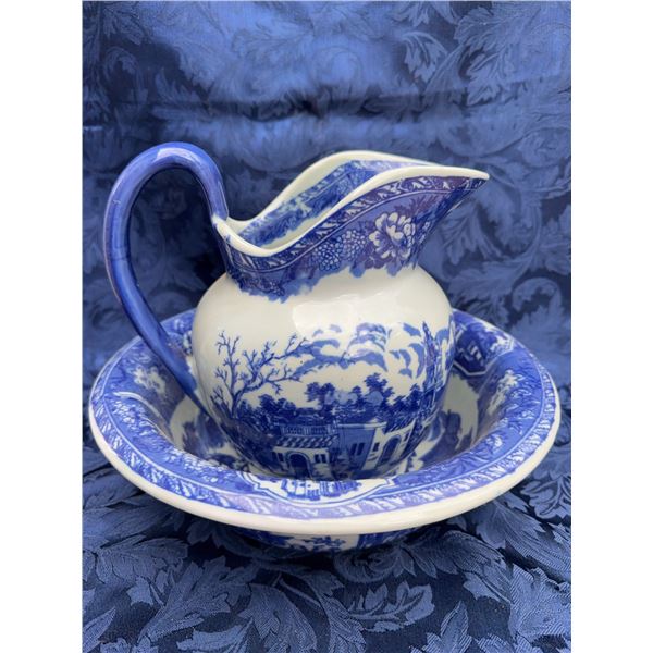 Blue and White Transferware Pitcher and Bowl Set with Scenic Pastoral Motif