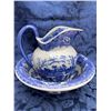 Image 1 : Blue and White Transferware Pitcher and Bowl Set with Scenic Pastoral Motif