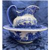 Image 2 : Blue and White Transferware Pitcher and Bowl Set with Scenic Pastoral Motif