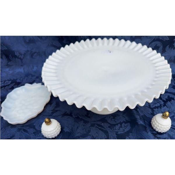 Fenton Hobnail Milk Glass Cake Stand With Salt and Pepper Shakers and Grape Dish