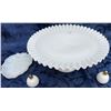 Image 1 : Fenton Hobnail Milk Glass Cake Stand With Salt and Pepper Shakers and Grape Dish