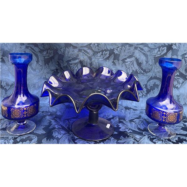 Cobalt Blue Glass Compote With Ruffled Edge and Gold Trim, Pair of Vases with Gilt Bands