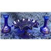 Image 1 : Cobalt Blue Glass Compote With Ruffled Edge and Gold Trim, Pair of Vases with Gilt Bands