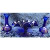 Image 2 : Cobalt Blue Glass Compote With Ruffled Edge and Gold Trim, Pair of Vases with Gilt Bands