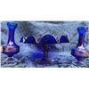 Image 3 : Cobalt Blue Glass Compote With Ruffled Edge and Gold Trim, Pair of Vases with Gilt Bands