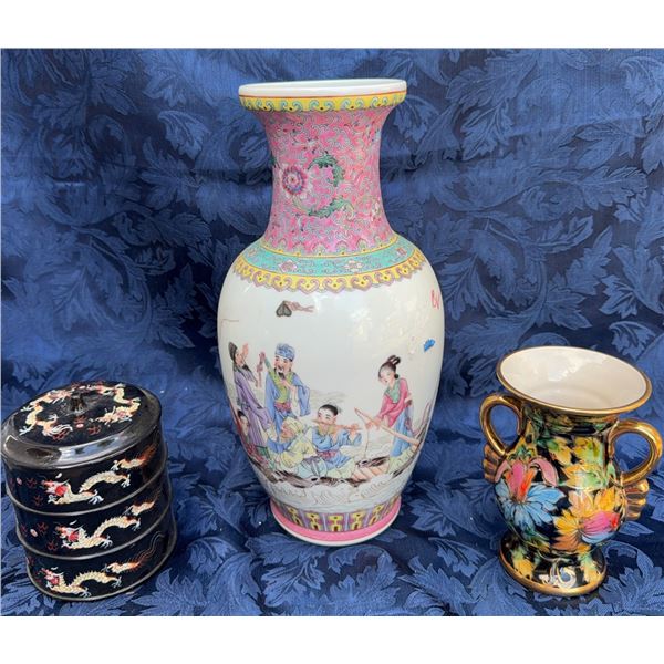 Chinese Hand-Painted Porcelain Vase, Floral Miniature Urn, and Black Lacquer Box Trio