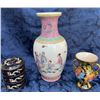 Image 1 : Chinese Hand-Painted Porcelain Vase, Floral Miniature Urn, and Black Lacquer Box Trio