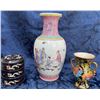 Image 2 : Chinese Hand-Painted Porcelain Vase, Floral Miniature Urn, and Black Lacquer Box Trio