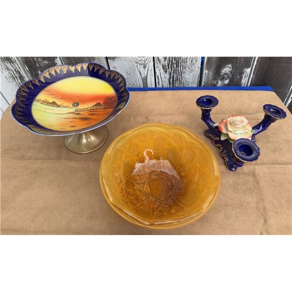 Lot: Painted Pedestal Dish, Amber Glass Bowl, Blue Ceramic Candle Holder