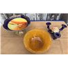 Image 1 : Lot: Painted Pedestal Dish, Amber Glass Bowl, Blue Ceramic Candle Holder