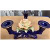 Image 6 : Lot: Painted Pedestal Dish, Amber Glass Bowl, Blue Ceramic Candle Holder