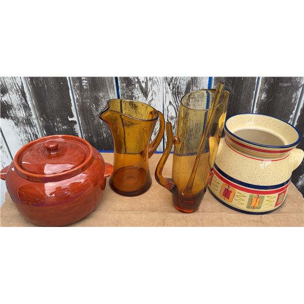 4 Assorted Tableware: Ceramic Soup Pot, Decorated Crock, 2 Amber Glass Pitchers