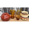Image 1 : 4 Assorted Tableware: Ceramic Soup Pot, Decorated Crock, 2 Amber Glass Pitchers