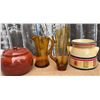 Image 2 : 4 Assorted Tableware: Ceramic Soup Pot, Decorated Crock, 2 Amber Glass Pitchers