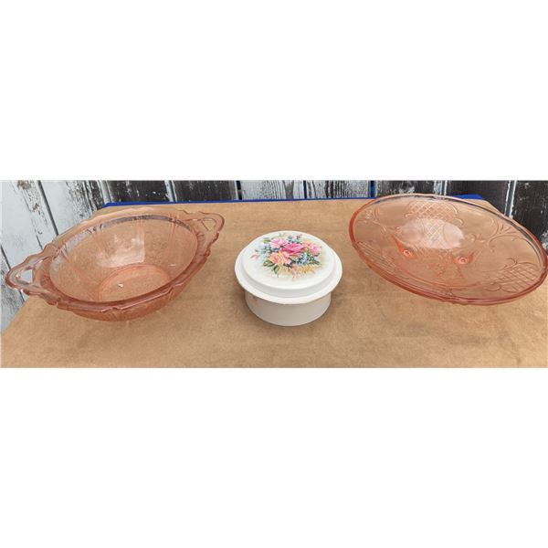 Two Pink Depression Glass Bowls and Porcelain Trinket Box with Floral Lid