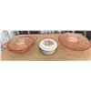 Image 1 : Two Pink Depression Glass Bowls and Porcelain Trinket Box with Floral Lid