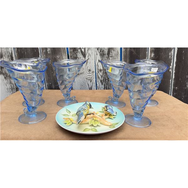5 Blue Glass Dessert Goblets and Made in Italy Porcelain Plate with Raised Blue Jays