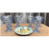 Image 1 : 5 Blue Glass Dessert Goblets and Made in Italy Porcelain Plate with Raised Blue Jays