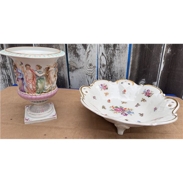 German Porcelain Compote Bowl RR and Neoclassical Urn with Blue Mark