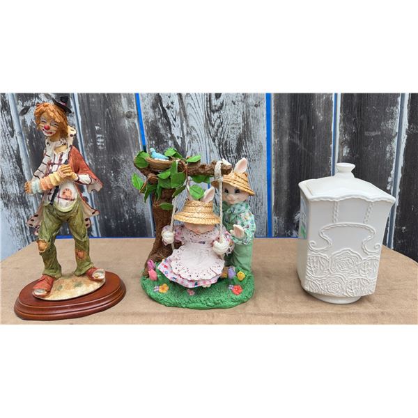 Figurine Trio: Clown on Base, Bunny Couple on Swing, White Embossed Ceramic Canister