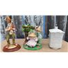 Image 1 : Figurine Trio: Clown on Base, Bunny Couple on Swing, White Embossed Ceramic Canister