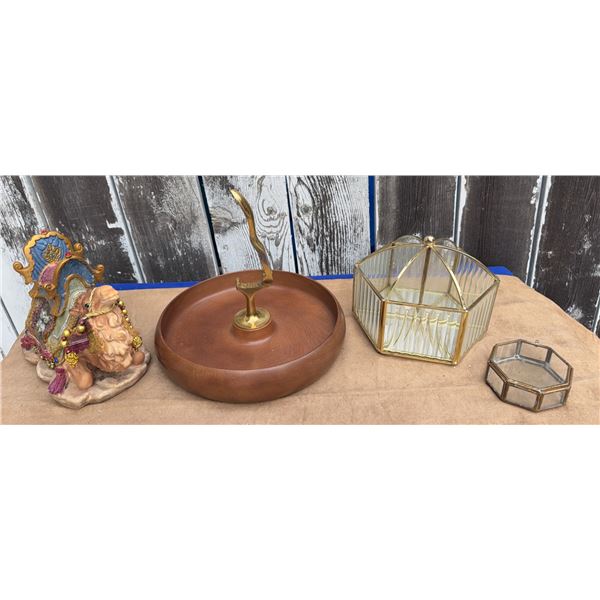 Decorative Mixed Lot: Carved Figure, Wood Dish with Brass Handle, Glass Jewelry Boxes
