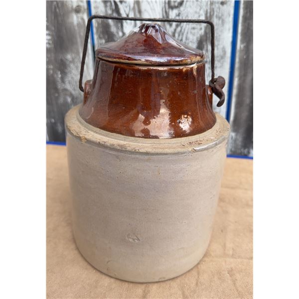 Stoneware Crock With Brown Glazed Lid And Metal Handle